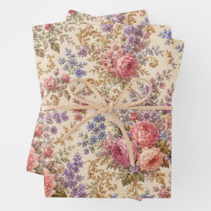 French Bohemian Rococo Rose Wildflower Meadow Wrapping Paper Sheet