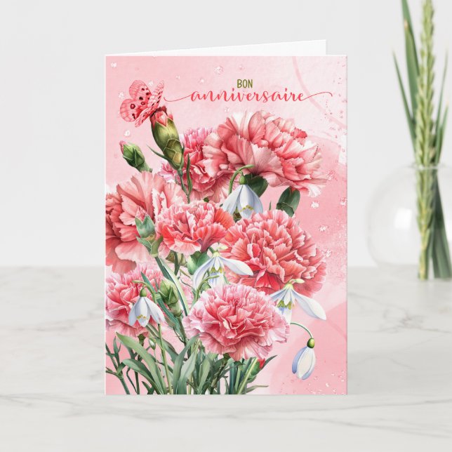 French Bon Anniversaire Pink Carnations Birthday Card (Front)