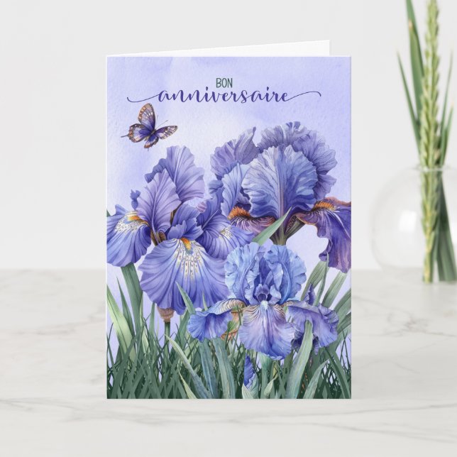 French Bon Anniversaire Purple Iris Birthday Card (Front)