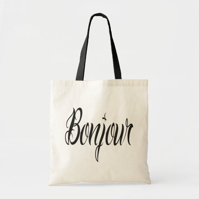 French Bonjour Modern Script In Black Tote Bag (Front)