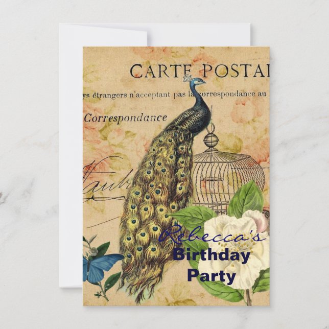 french botanical camellia birdcage vintage peacock invitation (Front)