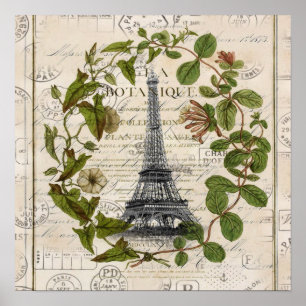 french botanical ivy leaves  paris eiffel tower poster