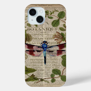 french botanical leaves modern vintage dragonfly iPhone 15 case