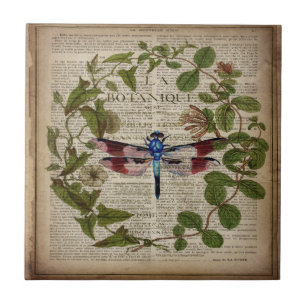 french botanical leaves modern vintage dragonfly ceramic tile