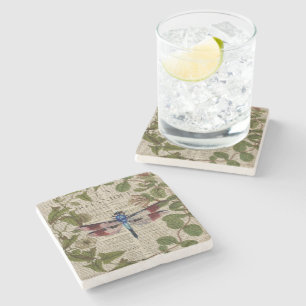 french botanical leaves modern vintage dragonfly stone coaster