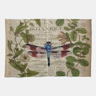 french botanical leaves modern vintage dragonfly tea towel