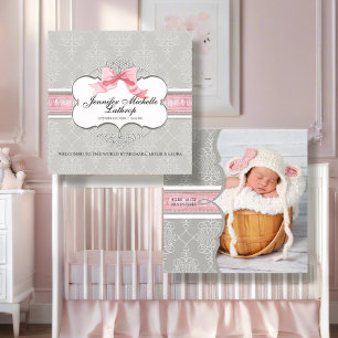 French Bow Damask Swirl Girl Birth Announcement