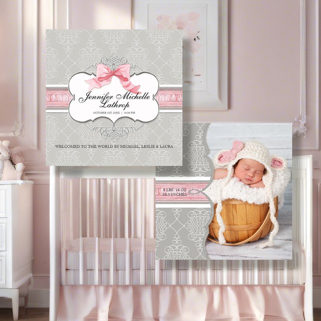 French Bow Damask Swirl Girl Birth Announcement (Creator Uploaded)