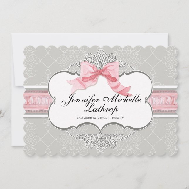 French Bow Damask Swirl Girl Birth Announcement -  (Front)
