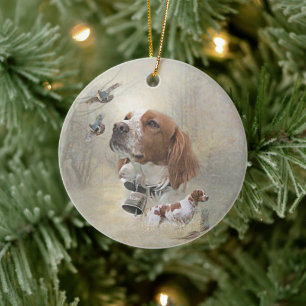 French Brittany, Bird Hunting Art Ceramic Ornament