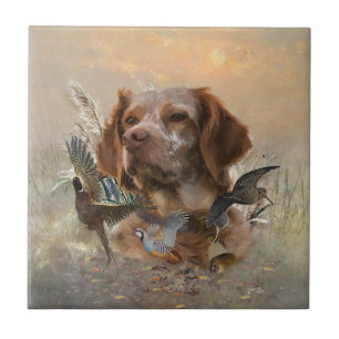 French Brittany, Bird Hunting Art Ceramic Tile