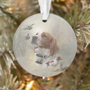 French Brittany, Bird Hunting Art Ornament