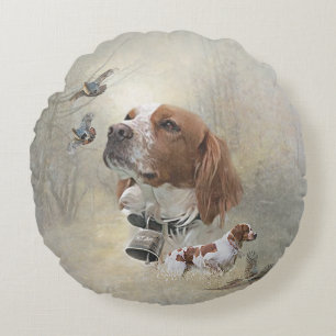 French Brittany, Bird Hunting Art Round Cushion