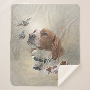 French Brittany, Bird Hunting Art Sherpa Blanket