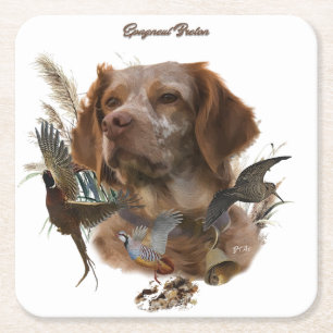 French Brittany, Bird Hunting Art Square Paper Coaster