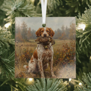 French Brittany Spaniel with Woodcock Glass Tree Decoration