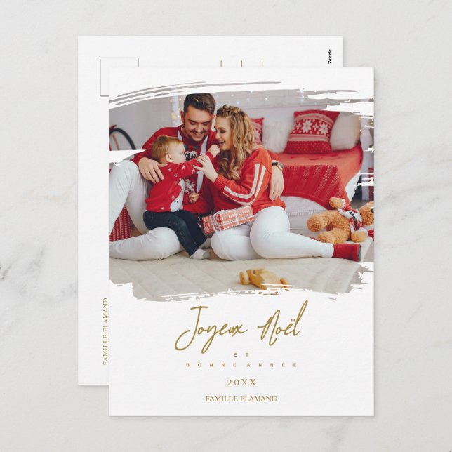 French Brushstroke Christmas Gold Snowflakes Photo Holiday Postcard (Front/Back)