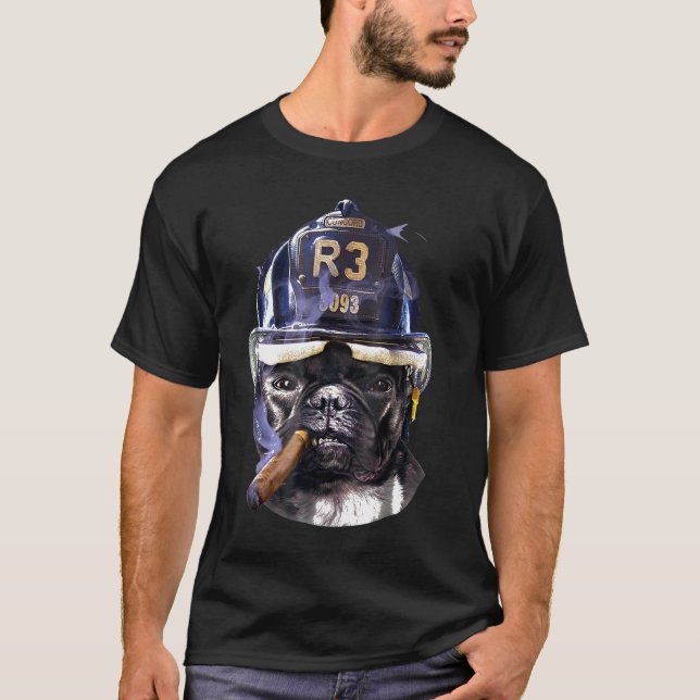 French Bull Dog In Firefighter Helmet Cigar T-Shirt (Front)