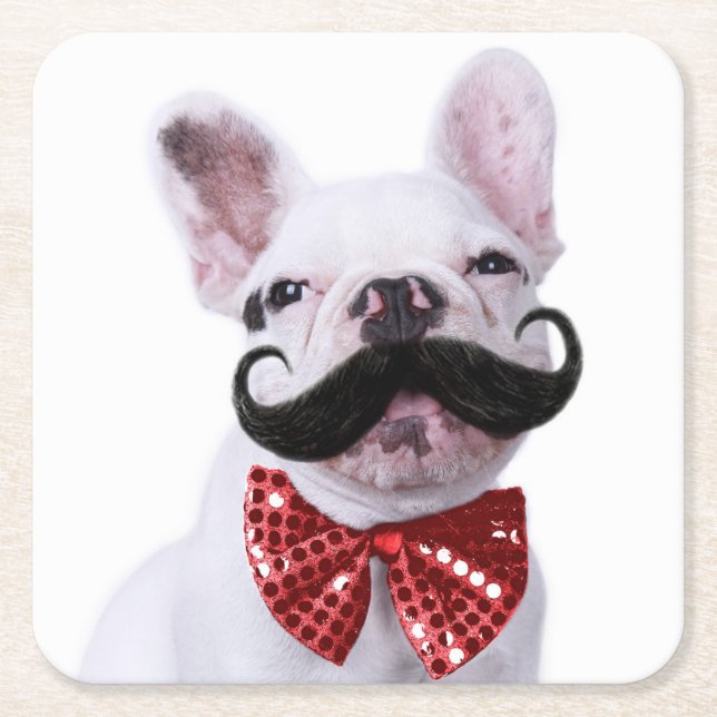French Bull Dog Puppy With Moustache Square Paper Coaster (Front)