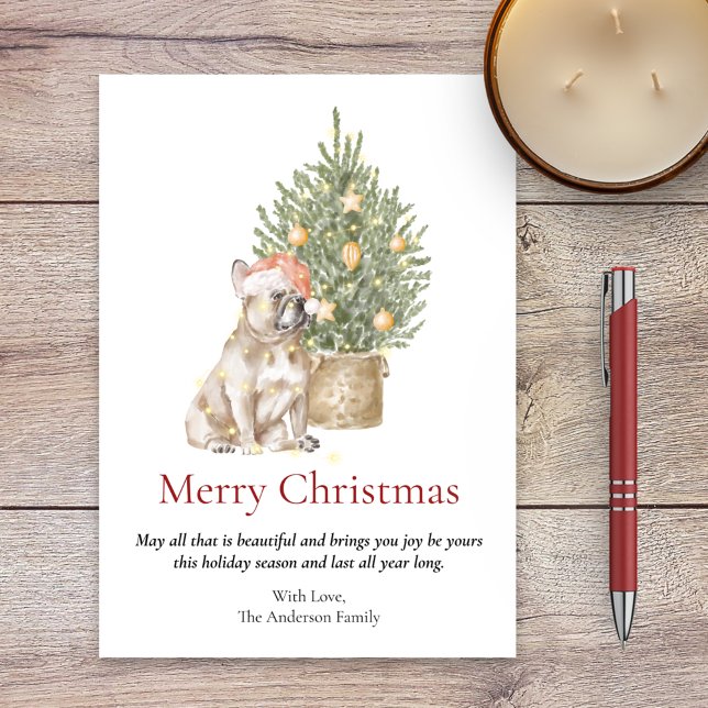 French Bulldog and Christmas Tree Pet Dog Holiday Card (Creator Uploaded)