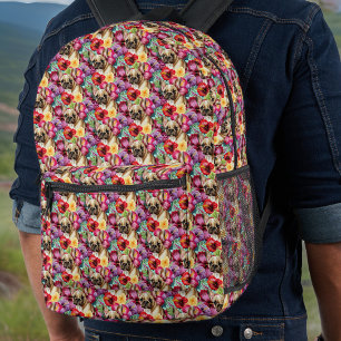 French Bulldog and Purple n Red Hibiscus Tropical Printed Backpack