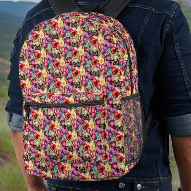 French Bulldog and Purple n Red Hibiscus Tropical Printed Backpack (Creator Uploaded)