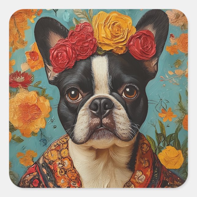 French Bulldog as Frida Kahlo Square Sticker (Front)