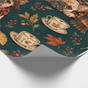 French Bulldog Autumn Leaves Teal Wrapping Paper