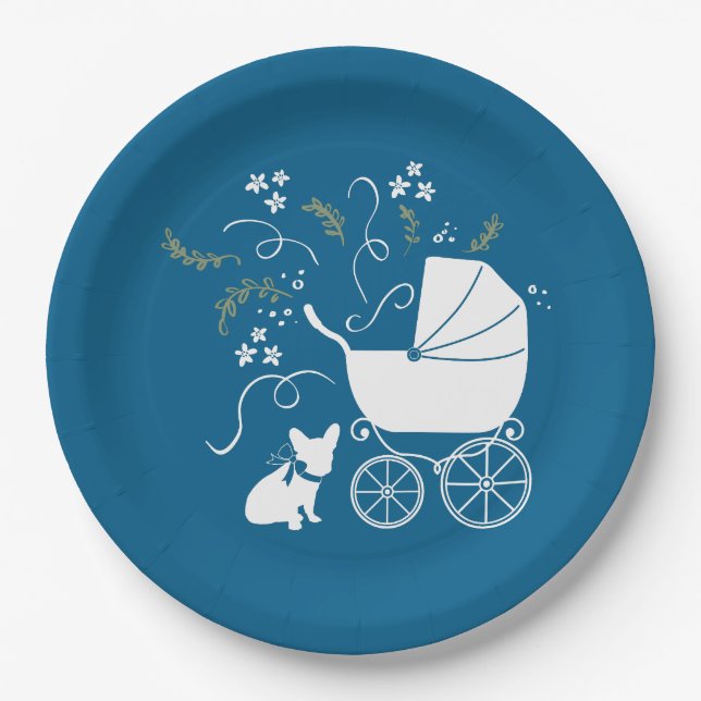French Bulldog Baby Shower Frenchy Frenchie Blue Paper Plate (Front)