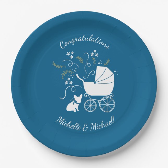 French Bulldog Baby Shower Frenchy Frenchie Blue Paper Plate (Front)