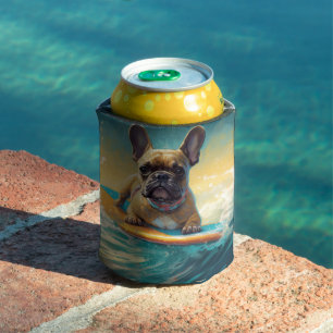 French Bulldog Beach Surfing Painting  Can Cooler