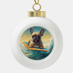 French Bulldog Beach Surfing Painting  Ceramic Ball Christmas Ornament