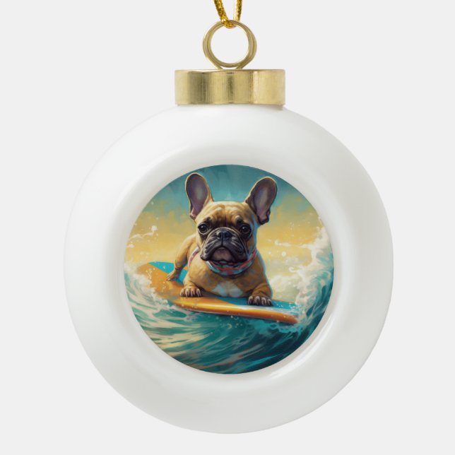 French Bulldog Beach Surfing Painting  Ceramic Ball Christmas Ornament (Front)