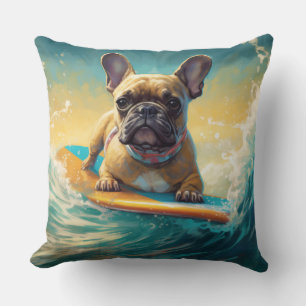 French Bulldog Beach Surfing Painting Cushion