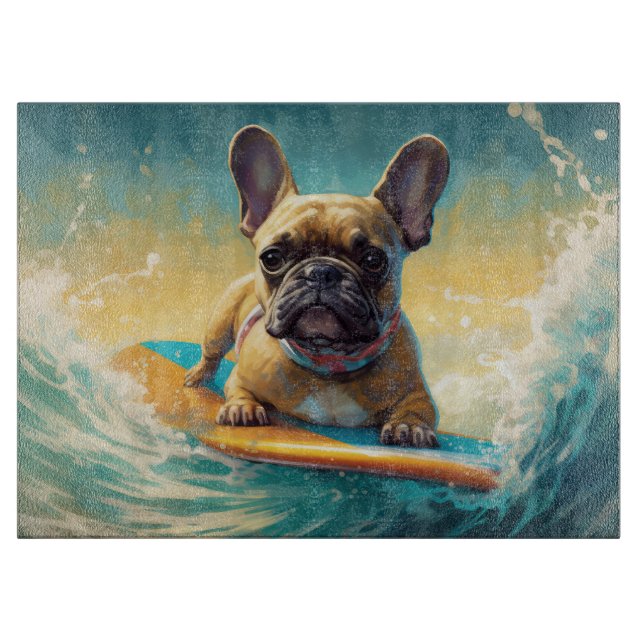 French Bulldog Beach Surfing Painting  Cutting Board (Front)