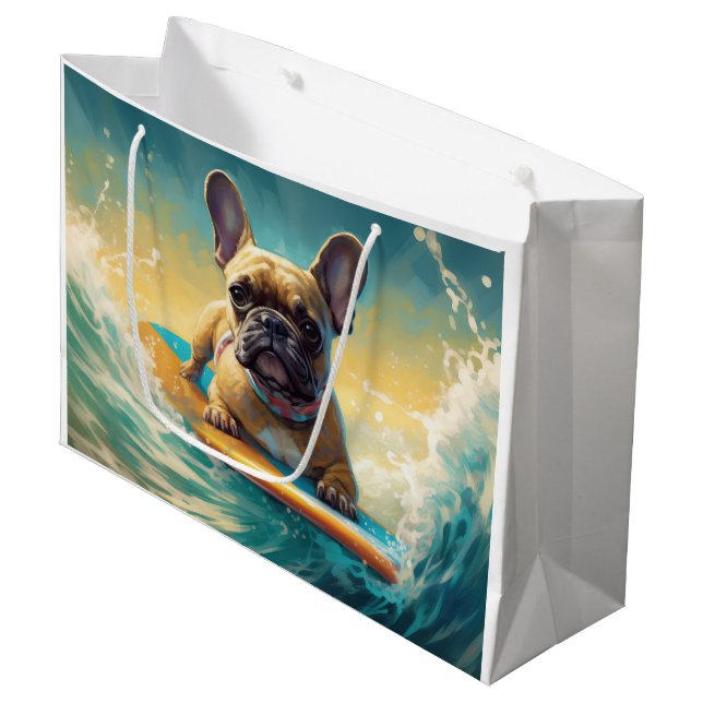 French Bulldog Beach Surfing Painting  Large Gift Bag (Front Angled)