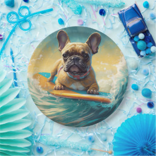 French Bulldog Beach Surfing Painting  Paper Plate
