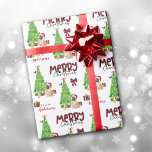 French Bulldog, Bird, and Christmas Tree Wrapping Paper<br><div class="desc">The repeated pattern on this cute Christmas wrapping paper is an image of a little French Bulldog wearing a red and white Santa hat. The dog sits among brightly wrapped gift packages beside a decorated Christmas tree. A bullfinch bird is landing on the tree behind it. Stylised red and black...</div>