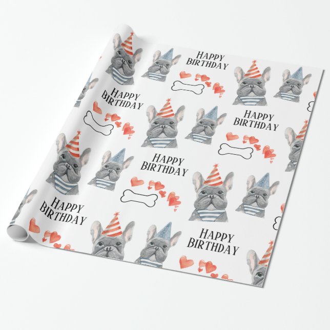 French Bulldog Birthday Wrapping Paper (Unrolled)