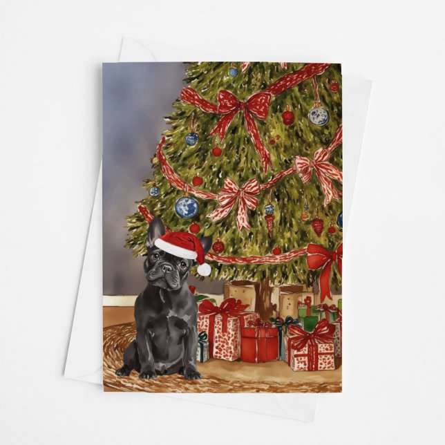 French Bulldog - Black Watercolor Christmas Tree Card (Creator Uploaded)