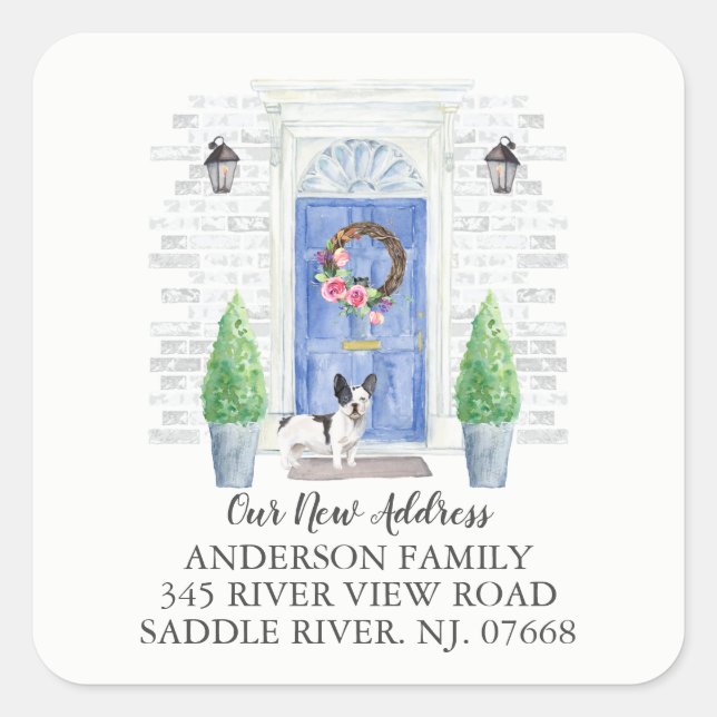 French Bulldog Blue Door New Address Label Sticker (Front)