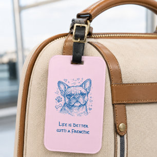 French Bulldog blue lineart doodle frenchie pink Luggage Tag