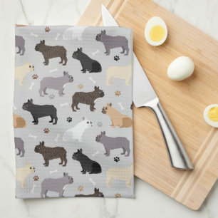 French Bulldog Bones and Paws Grey Tea Towel