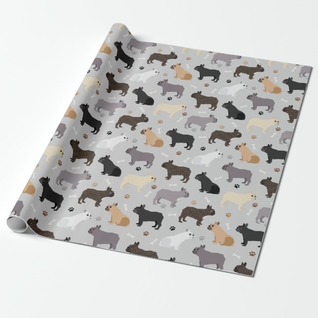 French Bulldog Bones and Paws Grey Wrapping Paper (Unrolled)