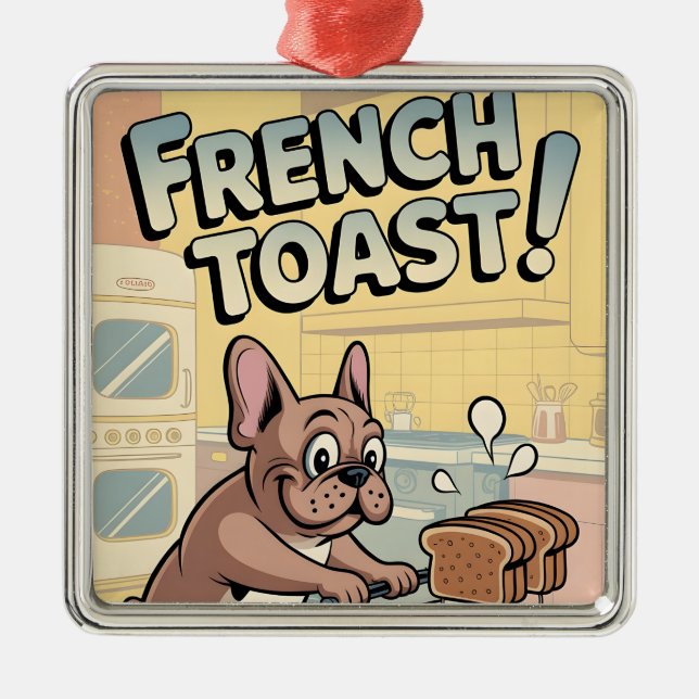 French Bulldog Breakfast Cartoon Art Metal Ornament (Front)