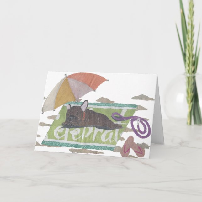French Bulldog, Brindle Frenchie, Colorful, Beach Card (Front)