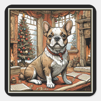 French Bulldog by Christmas Tree Square Sticker