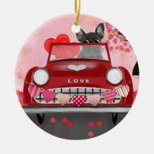 French Bulldog Car with Hearts Valentine's  Ceramic Ornament