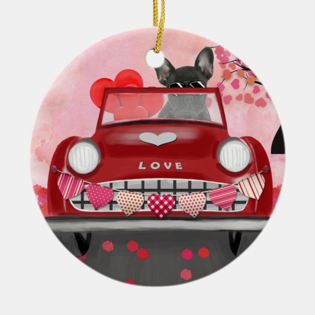 French Bulldog Car with Hearts Valentine's  Ceramic Ornament (Front)