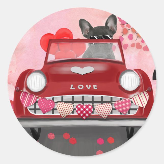 French Bulldog Car with Hearts Valentine's Classic Round Sticker (Front)
